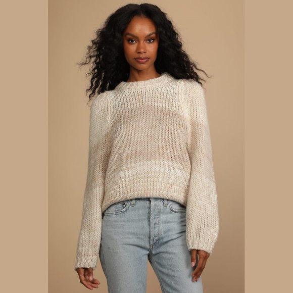 Lumiere Feel The Warmth Beige Knit Color Block Balloon Sleeve Sweater L - Picture 1 of 5